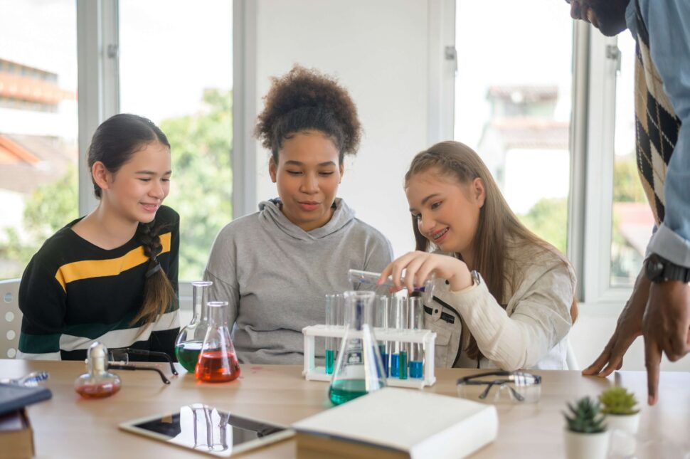 Young girls in science class at school