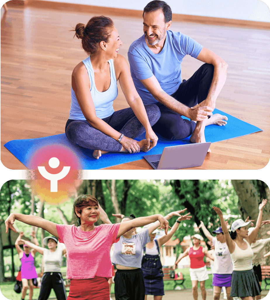Man and woman doing yoga and a group of woman stretching