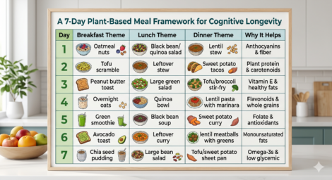 An infographic displaying a 7-day plant-based diet for brain health meal plan. It details daily breakfast, lunch, and dinner themes like berry oatmeal and lentil stew, explaining the neuroprotective benefits.