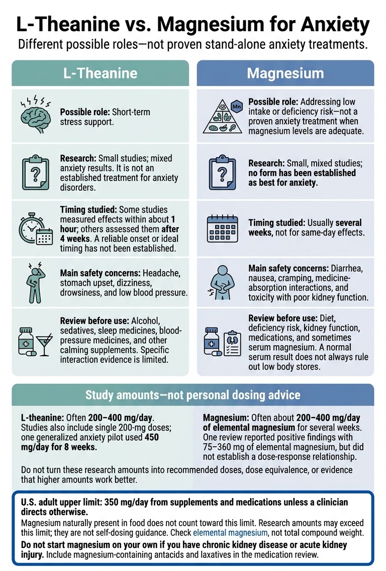 L-theanine vs. magnesium for anxiety infographic comparing possible roles, research, timing, safety concerns, studied amounts, and the magnesium upper limit